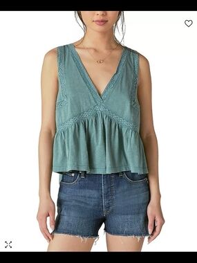 Lucky Brand Sleeveless Washed Green V-Neck Peplum Tank MEDIUM